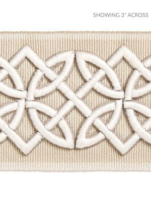 Celtic Embroidered Tape Linen SCT32820001 by Scalamandre Designer Trim HAMPTONS TRIMMINGS 40% POLYESTER 32% VISCOSE 28% ACRYLIC CHINA LIGHT DUTY Horizontal: 1.875" and Vertical: 2.75 - Swanky Fabrics -