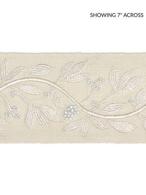 Laurel Embroidered Tape Vellum SCT32920001 by Scalamandre Designer Trim MODERN LUXURY 50% VISCOSE 35% GLASS 15% METALLIC INDIA LIGHT DUTY Horizontal: 7.5" and Vertical: 3.75 - Swanky Fabrics -