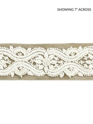 Linnea Embroidered Tape Flax SCT32980001 by Scalamandre Designer Trim NORDEN 65% SPUN POLYESTER 35% LINEN INDIA LIGHT DUTY Horizontal: 4.5" and Vertical: 2.75 - Swanky Fabrics -