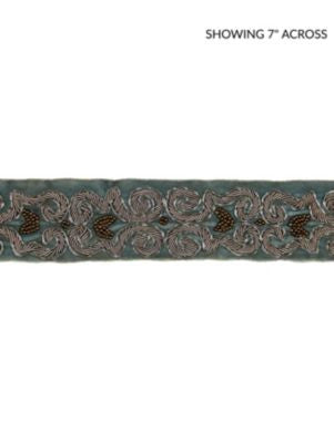 Zardozi Velvet Tape Mineral & Pewter SCT32900002 by Scalamandre Designer Trim MODERN LUXURY 80% METALLIC 20% VISCOSE INDIA LIGHT DUTY Horizontal: 4.125" and Vertical: 1.75 - Swanky Fabrics -
