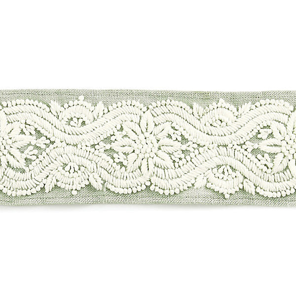 Linnea Embroidered Tape/Willow Sc 0002T3298 by Scalamandre
 Designer Trim NORDEN                                                                 65% SPUN POLYESTER 35% LINEN INDIA LIGHT DUTY Horizontal: 4.5" and Vertical:  2.75"  - Swanky Fabrics -