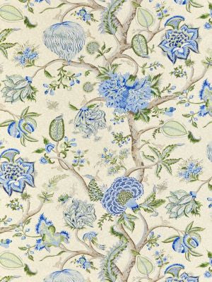 Pondicherry Cotton Print Blue, Green On Cream SC164300003 by Scalamandre Designer Fabric ORIANA 100% COTTON UNITED KINGDOM LIGHT DUTY Horizontal: 40.75" and Vertical: 26.5" 53 - Swanky Fabrics -