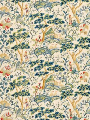 Kelmescott Hand Block Print Peacock On Sand SC165900003 by Scalamandre Designer Fabric MERCHANTE 100% LINEN THAILAND LIGHT DUTY Horizontal: 25" and Vertical: 50" 50 - Swanky Fabrics -