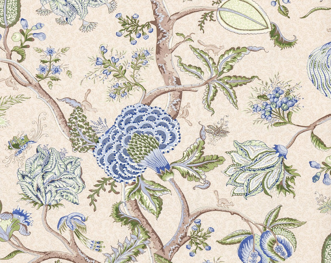Pondicherry Wallcovering Blue Green On Cream Fern SCWP885850003 by Scalamandre Designer Wallpaper