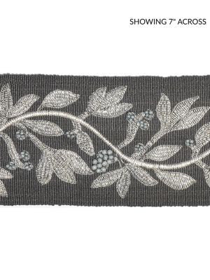 Laurel Embroidered Tape Charcoal SCT32920004 by Scalamandre Designer Trim MODERN LUXURY 50% VISCOSE 35% GLASS 15% METALLIC INDIA LIGHT DUTY Horizontal: 7.5" and Vertical: 3.75 - Swanky Fabrics -