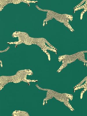 Leaping Cheetah Cotton Print Evergreen SC166340005 by Scalamandre Designer Fabric SAHARA 100% COTTON ITALY LIGHT DUTY Horizontal: 25.125" and Vertical: 27.5" 55 - Swanky Fabrics -