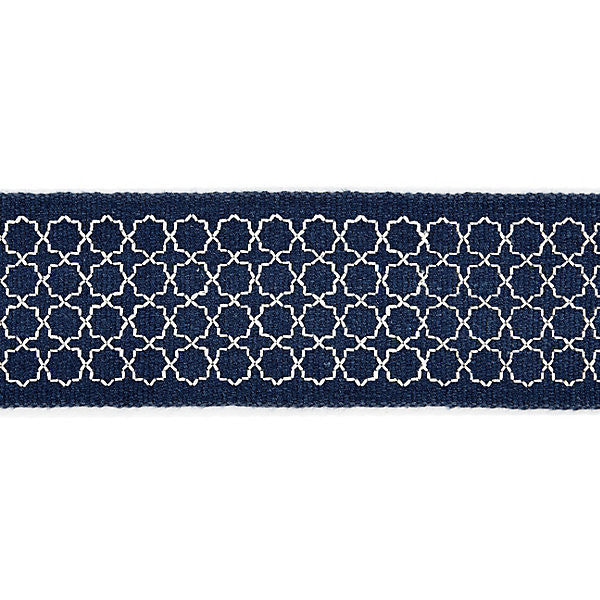Seville Embroidered Tape/Indigo Sc 0005T3289 by Scalamandre
 Designer Trim MERCHANTE                                                              91% LINEN 9% RAYON INDIA LIGHT DUTY Horizontal: .5" and Vertical:  2.5"  - Swanky Fabrics -