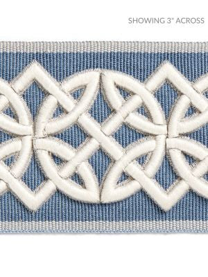 Celtic Embroidered Tape Dusk Blue SCT32820006 by Scalamandre Designer Trim HAMPTONS TRIMMINGS 40% POLYESTER 32% VISCOSE 28% ACRYLIC CHINA LIGHT DUTY Horizontal: 1.875" and Vertical: 2.75 - Swanky Fabrics -