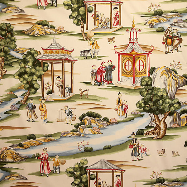 Shanghai/Multi On Tea Stain 16264-002 by Scalamandre Designer Fabric STOCKED AT 100% COTTON ITALY LIGHT DUTY Horizontal: 39" and Vertical: 51" 54.5" - Swanky Fabrics -
