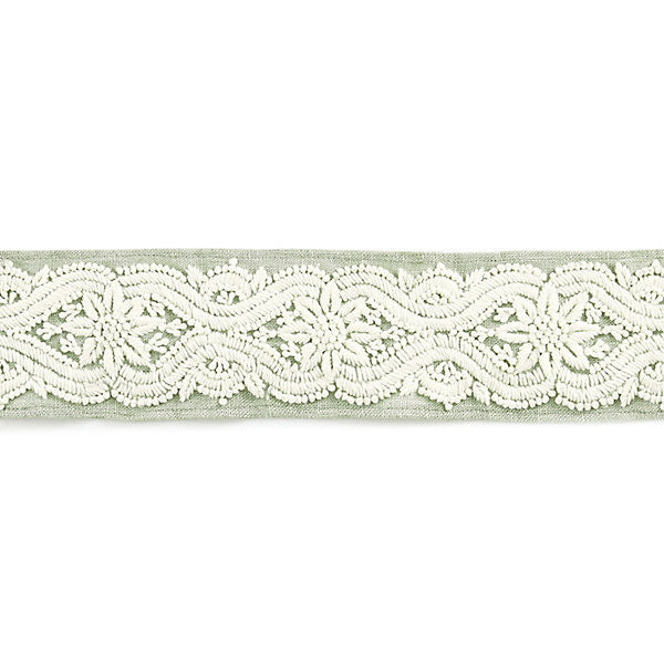 Linnea Embroidered Tape/Willow T3298-002 by Scalamandre Trim Designer Trim SCALAMANDRE WAREHOUSE 65% SPUN POLYESTER 35% LINEN INDIA LIGHT DUTY Horizontal: 4.5" and Vertical: 2.75" - Swanky Fabrics -