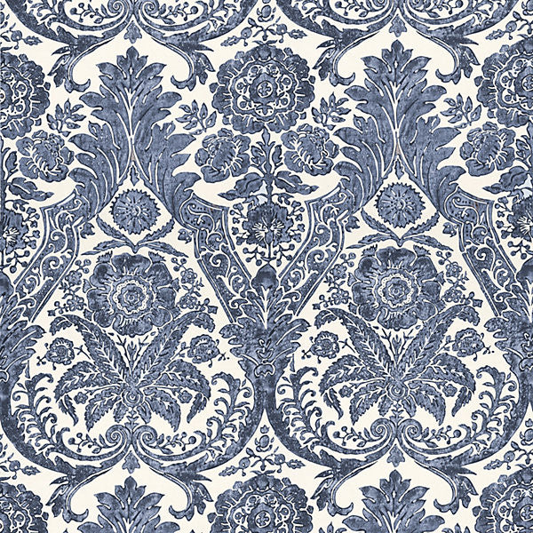 Luciana Damask Print/Denim WP88354-003 by Scalamandre Designer Wallpaper SCALAMANDRE WAREHOUSE UNITED KINGDOM Horizontal: 43.75" and Vertical: 27" 56" - Swanky Fabrics -