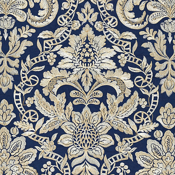 Elizabeth Damask Embroidery/Indigo 27086-005 by Scalamandre Designer Fabric MERCHANTE 16% SPUN POLYESTER|36% VISCOSE 29% LINEN 19% COTTON INDIA LIGHT DUTY Horizontal: 31.5" and Vertical: 25.625" 51" - Swanky Fabrics -