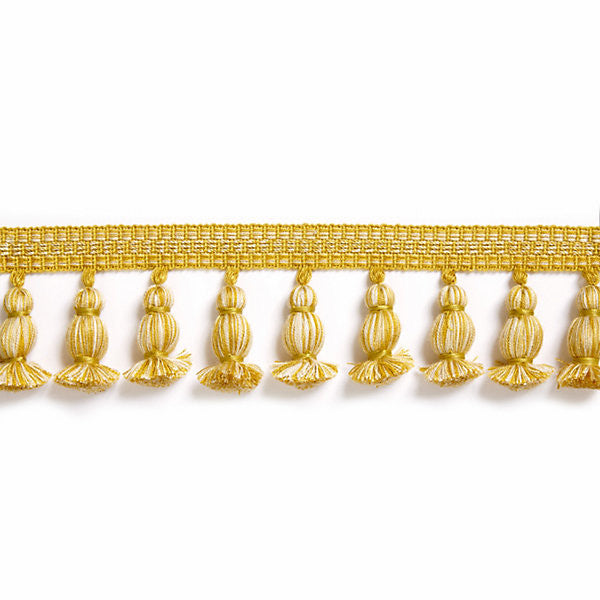 Halsey Onion Fringe/Brass Ft1499-005 by Scalamandre Trim Designer Trim HAMPTONS TRIMMINGS STOCKED AT 57% ACRYLIC;38% VISCOSE;5% POLYESTER CHINA LIGHT DUTY Horizontal: and Vertical: 3" - Swanky Fabrics -