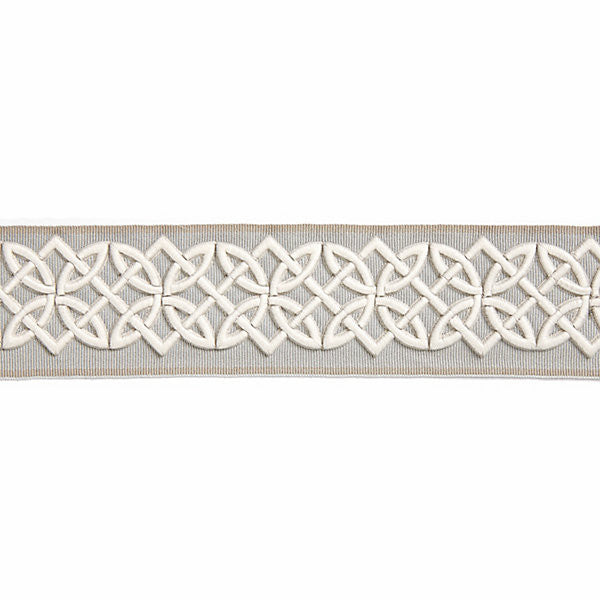 Celtic Embroidered Tape/Silver Grey T3282-005 by Scalamandre Trim Designer Trim HAMPTONS TRIMMINGS STOCKED AT 40% POLYESTER;32% VISCOSE;28% ACRYLIC CHINA LIGHT DUTY Horizontal: and Vertical: 2.8125" - Swanky Fabrics -