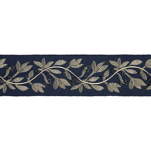 Laurel Embroidered Tape/Indigo T3292-005 by Scalamandre Trim Designer Trim MODERN LUXURY 50% VISCOSE 35% GLASS 15% METALLIC INDIA LIGHT DUTY Horizontal: 7.5" and Vertical: 3.75" - Swanky Fabrics -