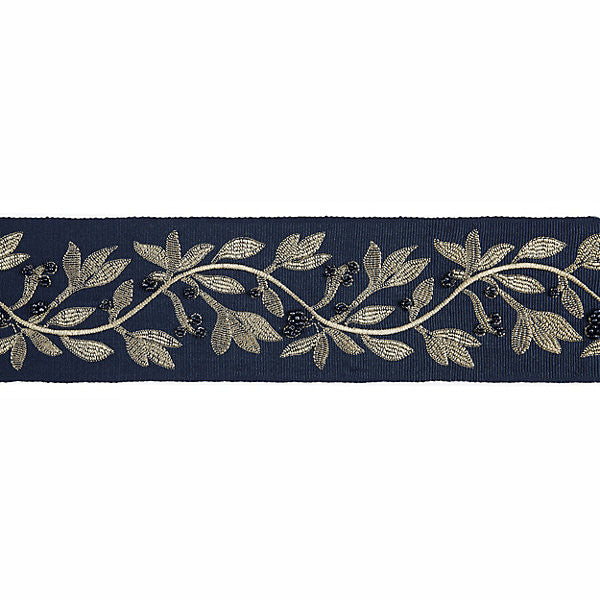 Laurel Embroidered Tape/Indigo T3292-005 by Scalamandre Trim Designer Trim MODERN LUXURY STOCKED AT 50% VISCOSE;35% GLASS;15% METALLIC INDIA LIGHT DUTY Horizontal: 7.5" and Vertical: 3.75" - Swanky Fabrics -