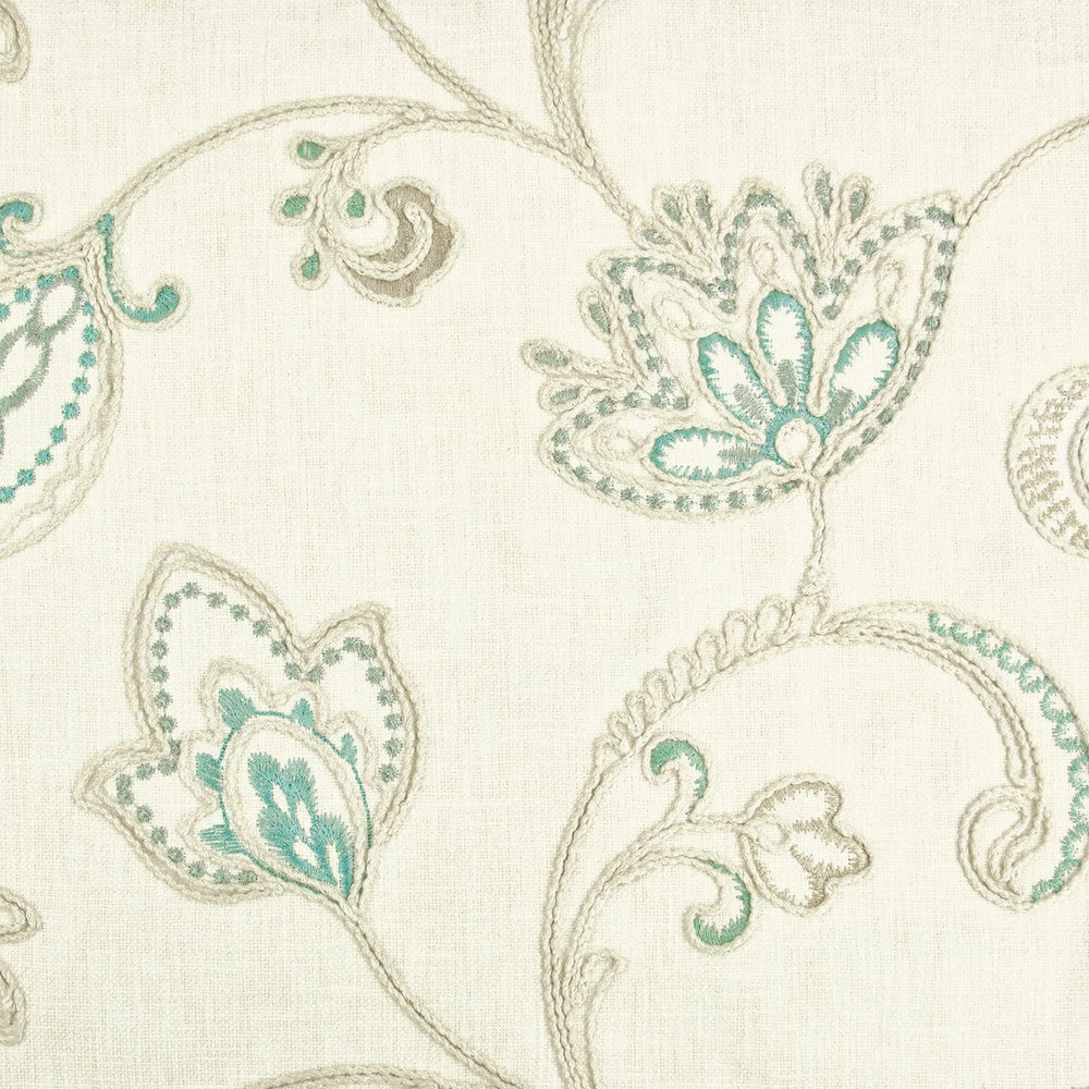 Swift 2 Shoreline by Stout Designer Fabric Color My Window Bahama/Seaglass 52% Cotton 48% Polyester Polyester Embroidery INDIA FLAME RETARDANT-U.F.A.C. CLASS 1 (OR A) FLAME RETARDANT-N.F.P.A. 260A CLASS 1 CATB 117-2013 WYZENBEEK 15 000 DOUBLE RUB WEAR TEST (HEAVY DUTY) Horizontal: 17 and Vertical: 9 51 in - Swanky Fabrics -