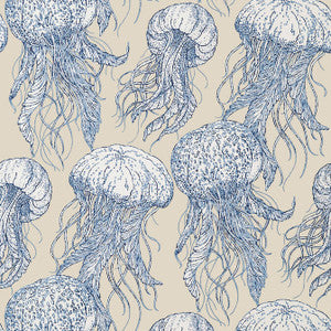 Jelly Fish Bloom Blue and Beige T13168 by Thibaut Designer Wallpaper