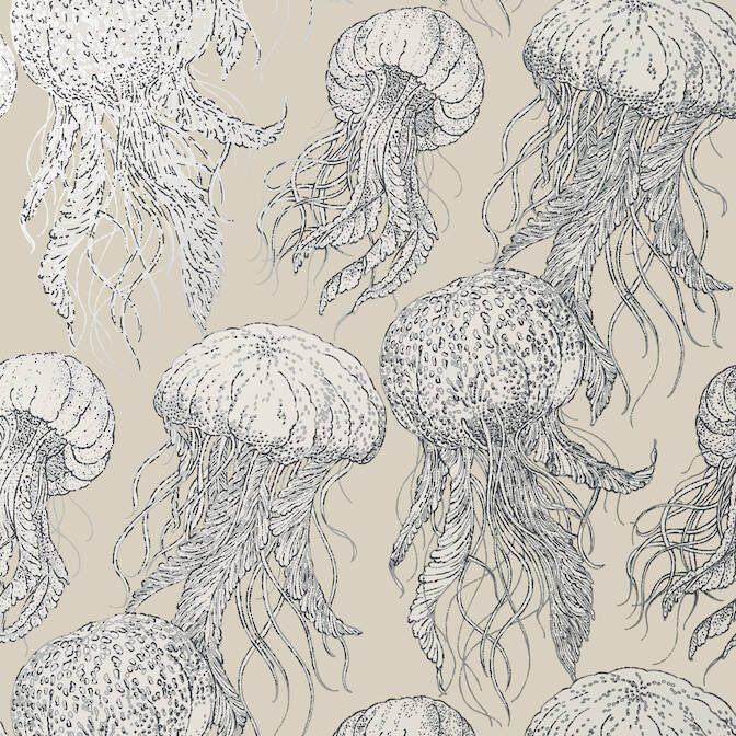 Jelly Fish Bloom Silver on Beige T13169 by Thibaut Wallpaper Thibaut Wallpaper Jelly Fish Bloom Silver on Beige T13169Wallpaper Summer House Wallpaper U.S.A. </p><p>Repeat: V: 25.25 27 - Fabric Carolina -