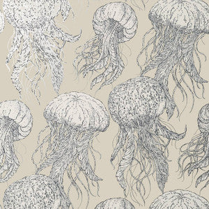 Jelly Fish Bloom Silver on Beige T13169 by Thibaut Designer Wallpaper