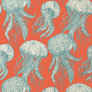 Jelly Fish Bloom Coral and Turquoise T13172 by Thibaut Designer Wallpaper
