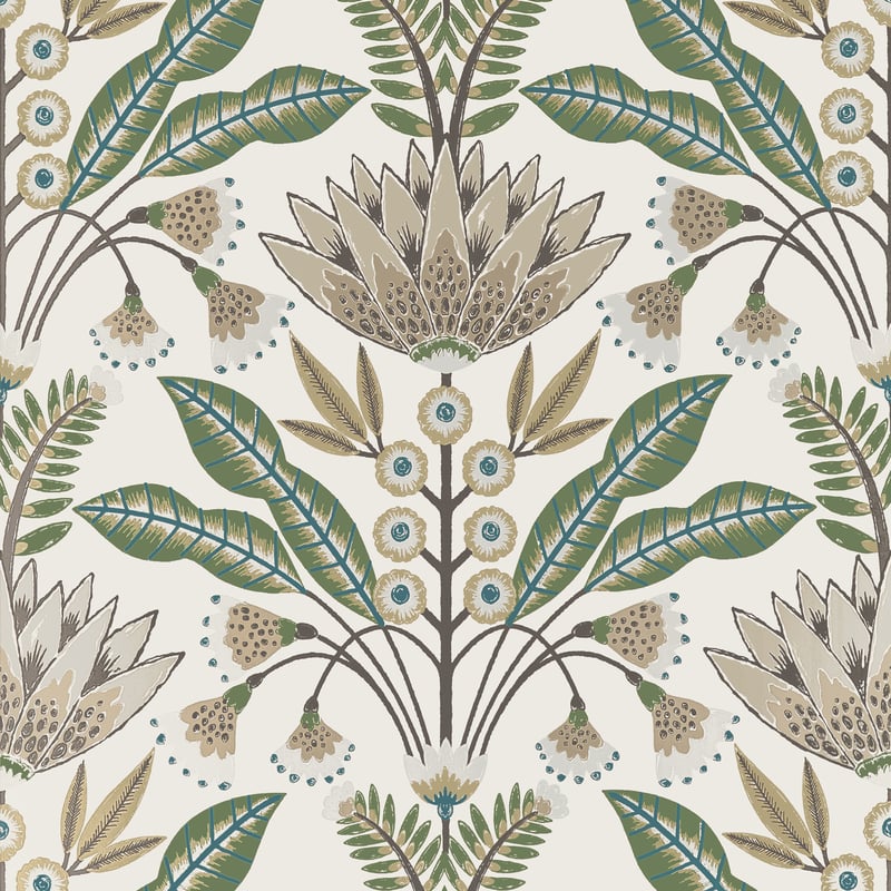 LOTUS Green and Beige T14610 by Thibaut Designer Wallpaper