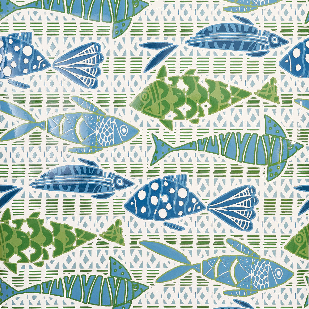 Batik Fish Blue and Green T15870  by Thibaut Wallpaper Thibaut Wallpaper Batik Fish Blue and Green T15870 Wallpaper ISLANDER Non Woven Wallpaper  U.S.A </p><p>Repeat: H: , V: 25.25  (64.14 cm) 27 in  (68.58 cm) - Fabric Carolina -
