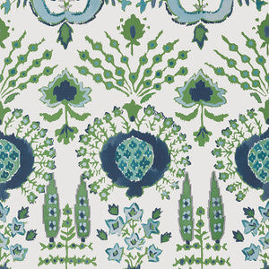 Mendoza Suzani Blue and Green on White T16240 by Thibaut Designer Wallpaper