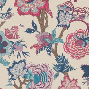 Indienne Jacobean Raspberry and Blue on Natural T36419 by Thibaut Designer Wallpaper