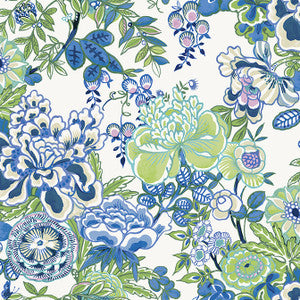 Peony Garden Blue and Green T42021 by Thibaut Designer Wallpaper