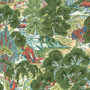 Pagoda Trees Coral and Green T42022 by Thibaut Designer Wallpaper