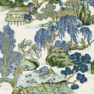 Asian Scenic Blue and Green T75462 by Thibaut Designer Wallpaper