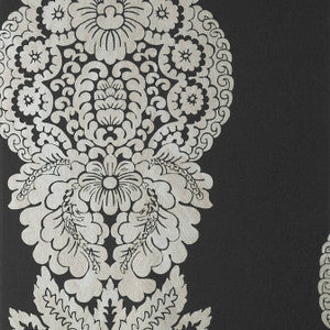 Rowan Damask Metallic Silver on Black T89132 by Thibaut Designer Wallpaper