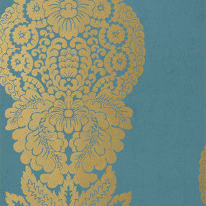 Rowan Damask Metallic Gold on Peacock T89133 by Thibaut Designer Wallpaper