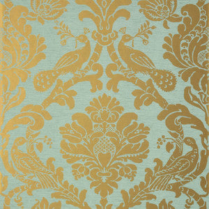 Passaro Damask Metallic Gold on Aqua T89141 by Thibaut Designer Wallpaper