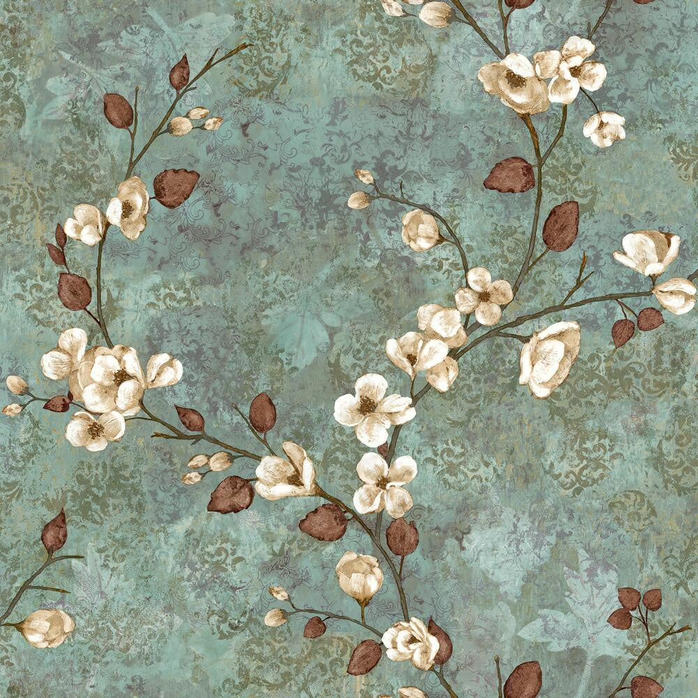 Dogwood Teal & Dark Brown Wallpaper by York Wallcoverings Designer Charlotte Covers about 56.4 square feet 20.5-in by 33-ft long roll Unpasted 20.5 - Swanky Fabrics -