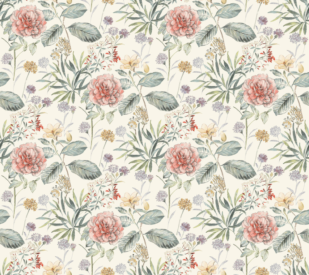 Midsummer Floral Coral Wallpaper by York Wallcoverings Designer Earthy Tones Covers about 60.8 square feet 27-in by 27-ft long roll Prepasted 24 - Swanky Fabrics -