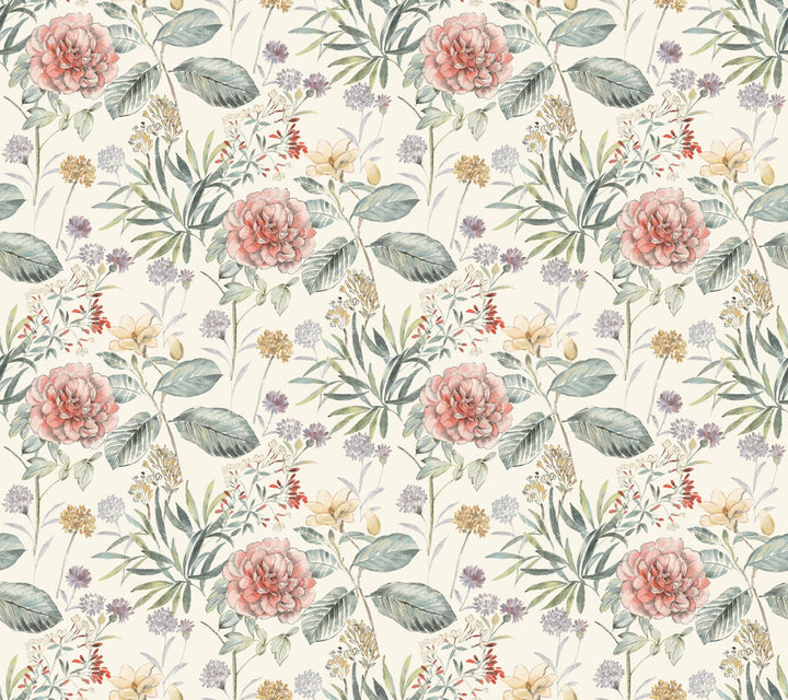 Midsummer Floral Coral Wallpaper by York Wallcoverings Designer Earthy Tones Covers about 60.8 square feet 27-in by 27-ft long roll Prepasted 24 - Swanky Fabrics -