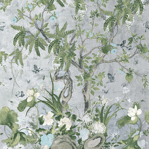 Wild Wisteria Mural 3 Panel Set Metallic Silver TM42053 by Thibaut Designer Wallpaper