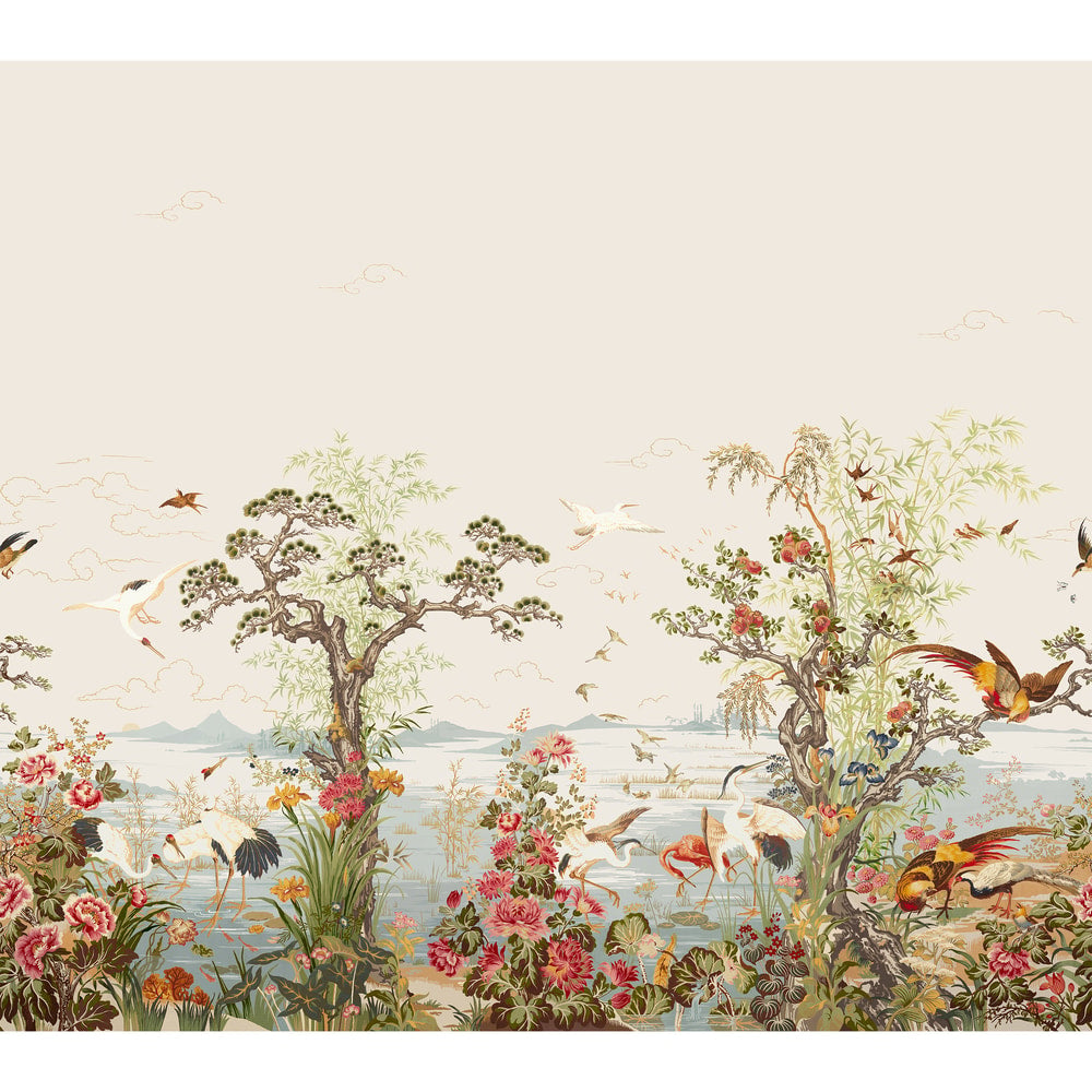 Crane Mural 3 Panel Set Green and Rose TM4510 by Thibaut Designer Wallpaper