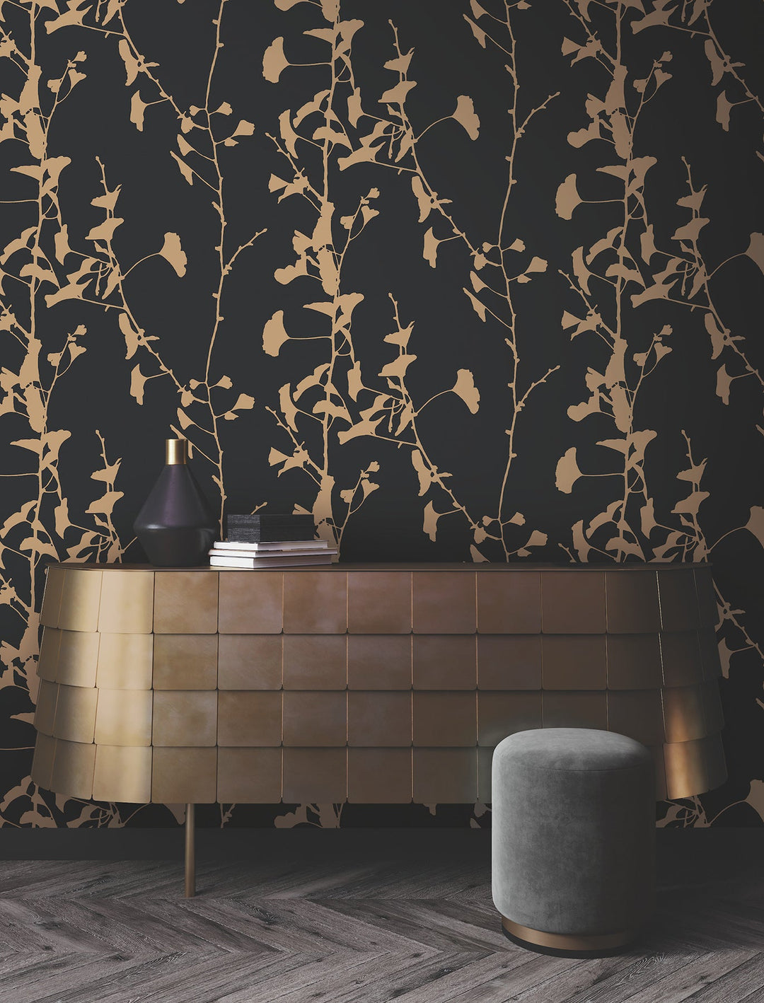 Ginkgo Silhouette Black & Gold Cork Wallpaper by Ronald Redding Designer