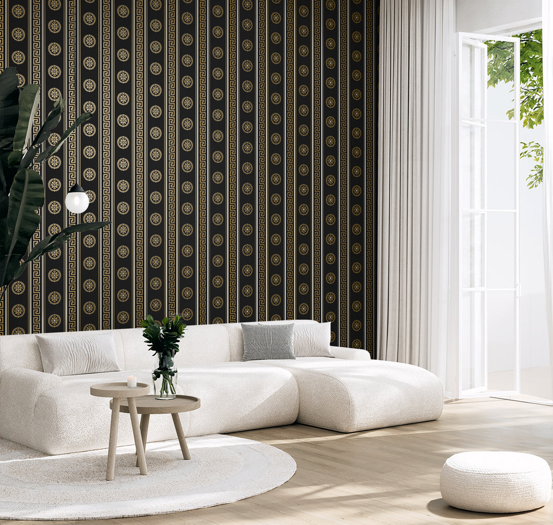Classico Medallion Stripe Black & Metallic Gold WH40106 by Seabrook Designs Designer Wallpaper