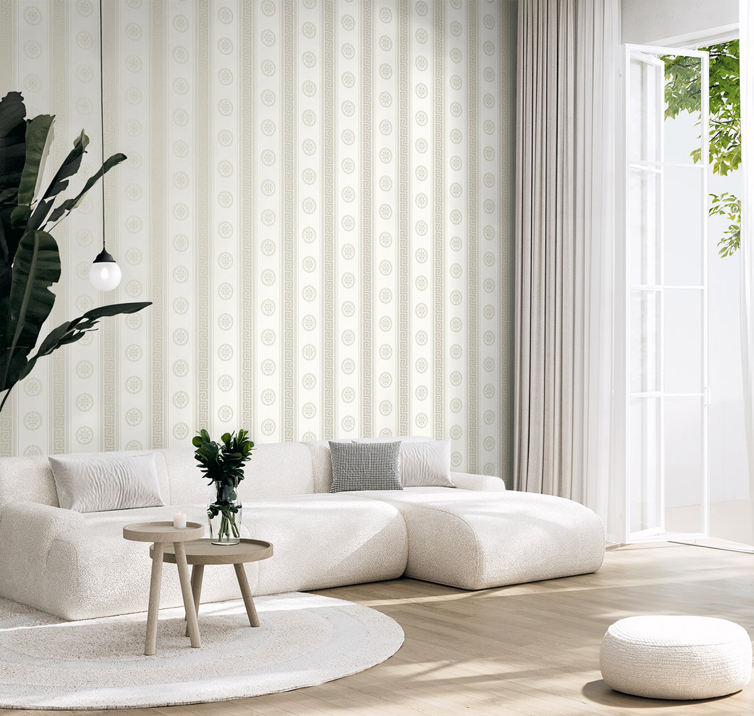 Classico Medallion Stripe Cream & Metallic Champagne WH40125 by Seabrook Designs Designer Wallpaper