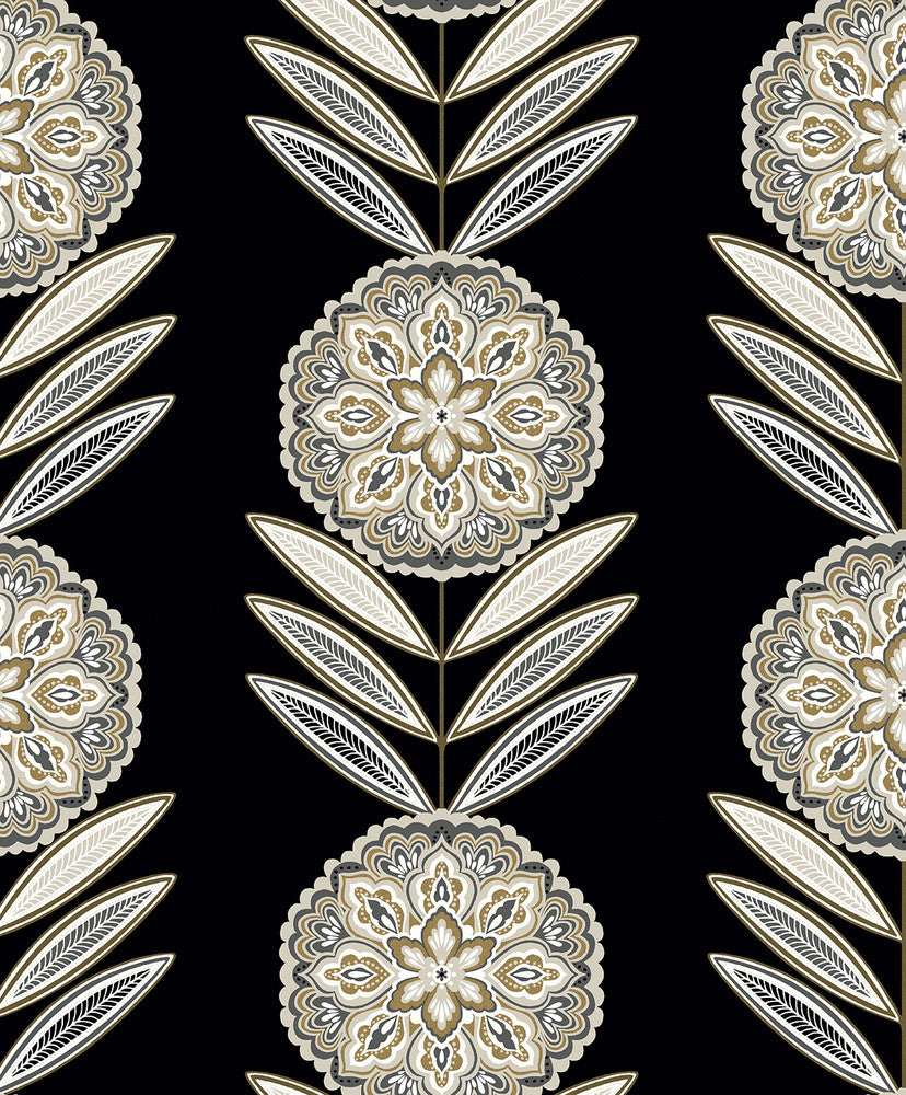 Belle Floral Stripe Black Tie & Metallic Gold WH41105 by Seabrook Designs Designer Wallpaper