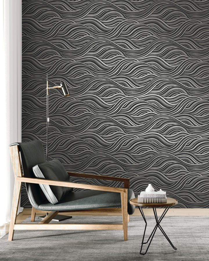 Melody Waves Metallic Charcoal & Black WH41700 by Seabrook Designs Designer Wallpaper