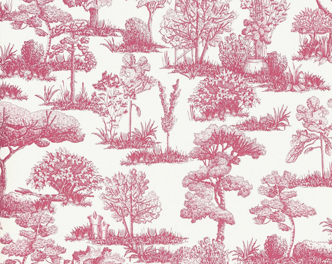 Garden Toile Raspberry WWWP88605D0010 by Old World Weavers Designer Wallpaper