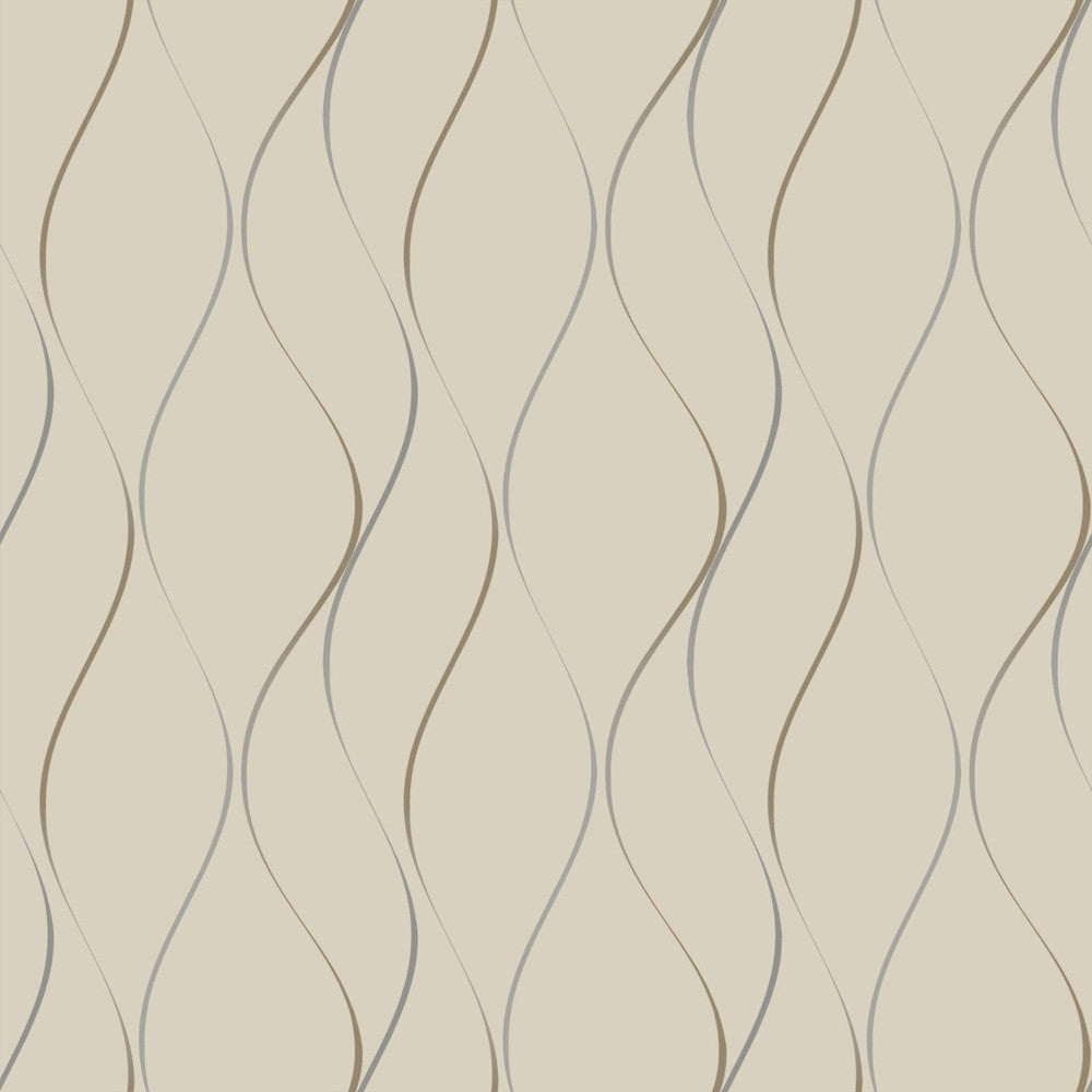 Wavy Stripe Beige Metallic Wallpaper by York Wallcoverings Designer Shimmering Finishes Covers about 57.8 square feet 21-in by 33-ft long roll Unpasted 21 - Swanky Fabrics -