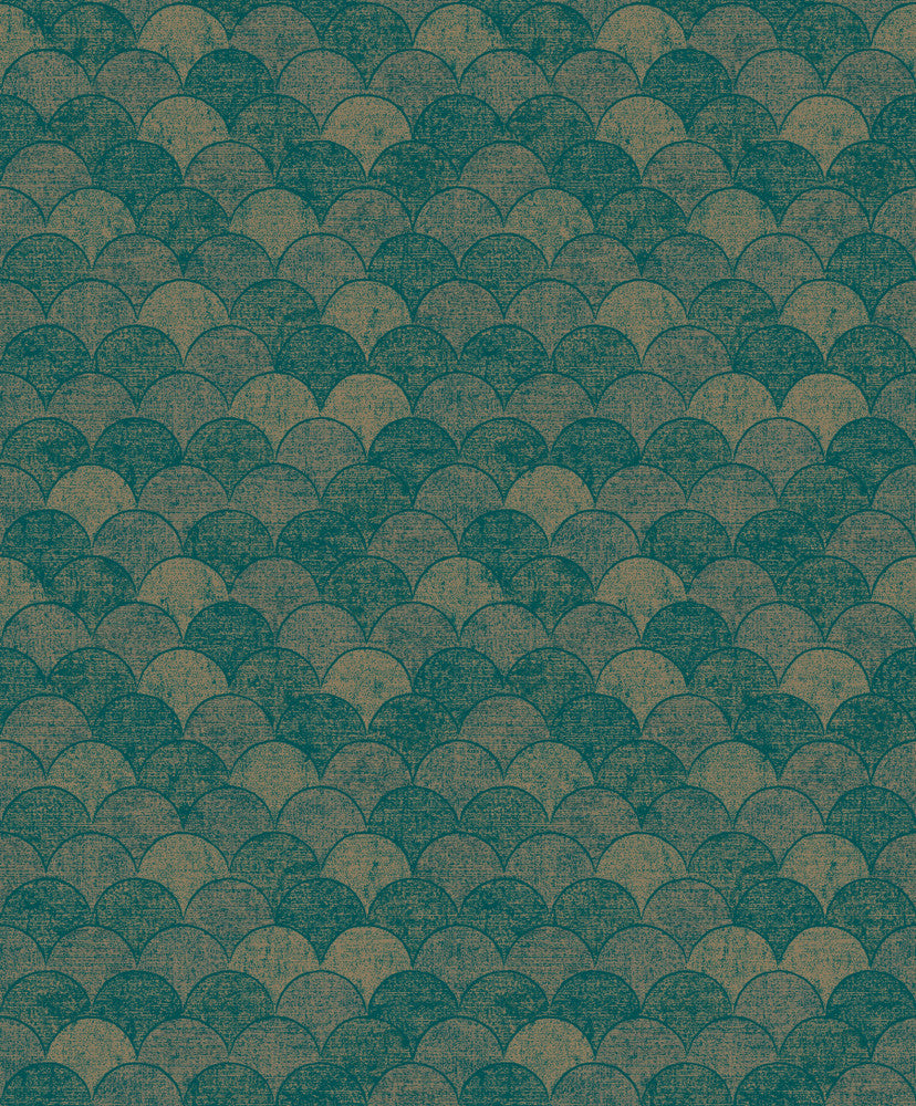 Mermaid Scales Teal & Gold Wallpaper by Antonina Vella Designer Antonina Vella Natural Opalescence Covers about 57.8 square feet 21-in by 33-ft long roll Unpasted 25.2 - Swanky Fabrics -