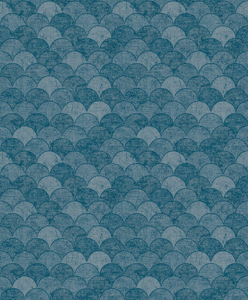Mermaid Scales Blue Wallpaper by Antonina Vella Designer Antonina Vella Natural Opalescence Covers about 57.8 square feet 21-in by 33-ft long roll Unpasted 25.2 - Swanky Fabrics -