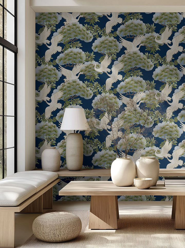 Sprig & Heron Navy Wallpaper by Ronald Redding Designer